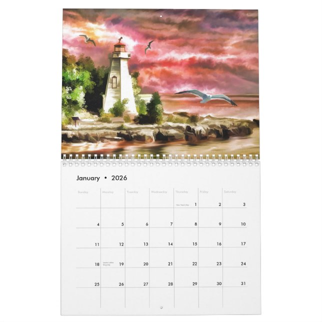 Calendrier Beau coucher de soleil rose Nautique phare côtier (Jan 2026)