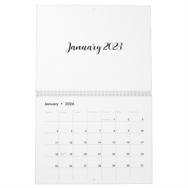 Calendrier blanc 2023 avec texte de script (Jan 2026)