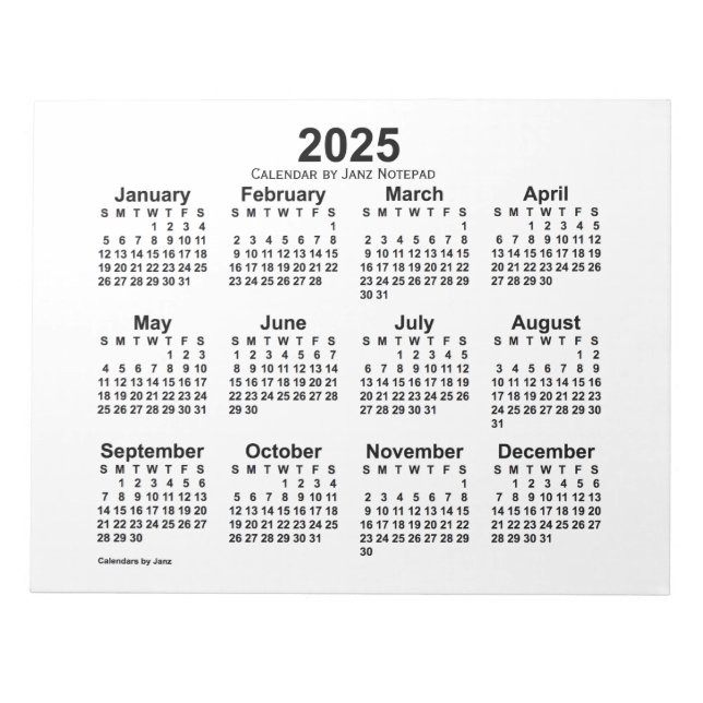 Calendrier blanc 2025 par Janz 11x8.5 Bloc-notes (Devant)