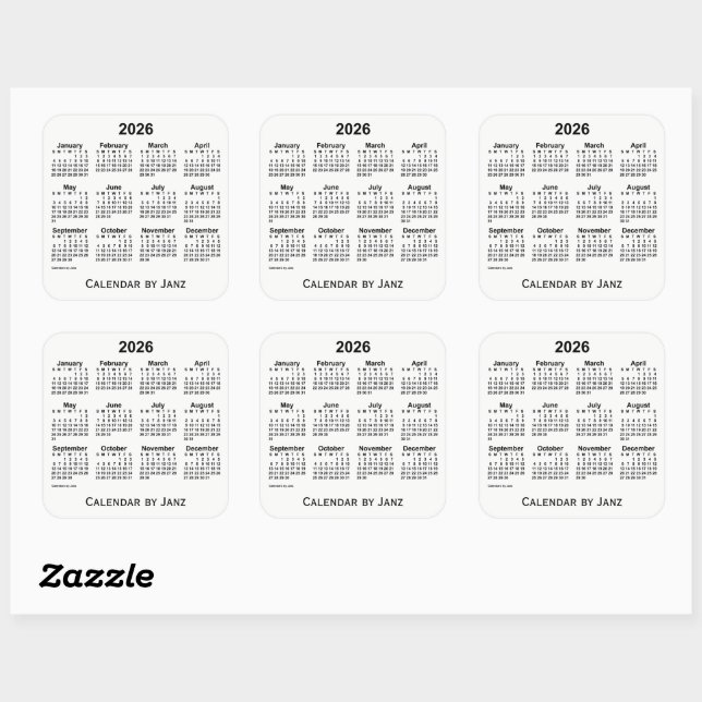 Calendrier blanc 2026 par Sticker Carré Janz (Feuille)