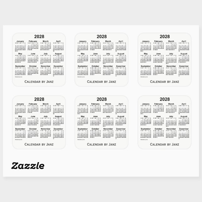 Calendrier blanc 2028 par Sticker Carré Janz (Feuille)