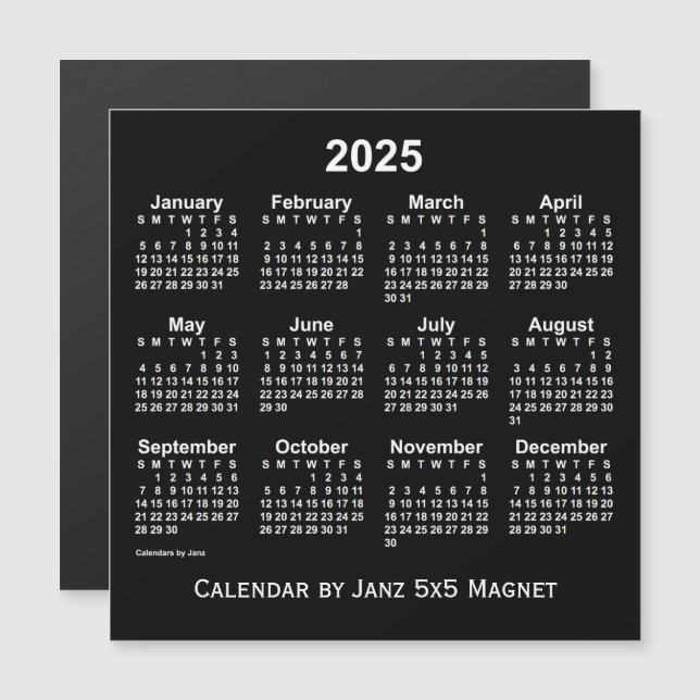 Calendrier blanc Neon 2025 par Janz 5x5 Magnet (Devant / Derrière)