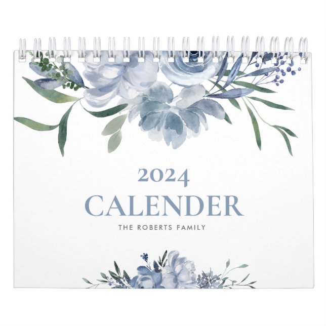 Calendrier bleu floral moderne photo personnalisée 2024 calen (Protection)