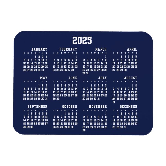 Calendrier bleu marine 2025 Magnet flexible (Horizontal)
