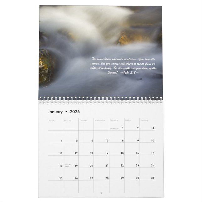 Calendrier brouillé d'écriture sainte de l'eau (Jan 2026)