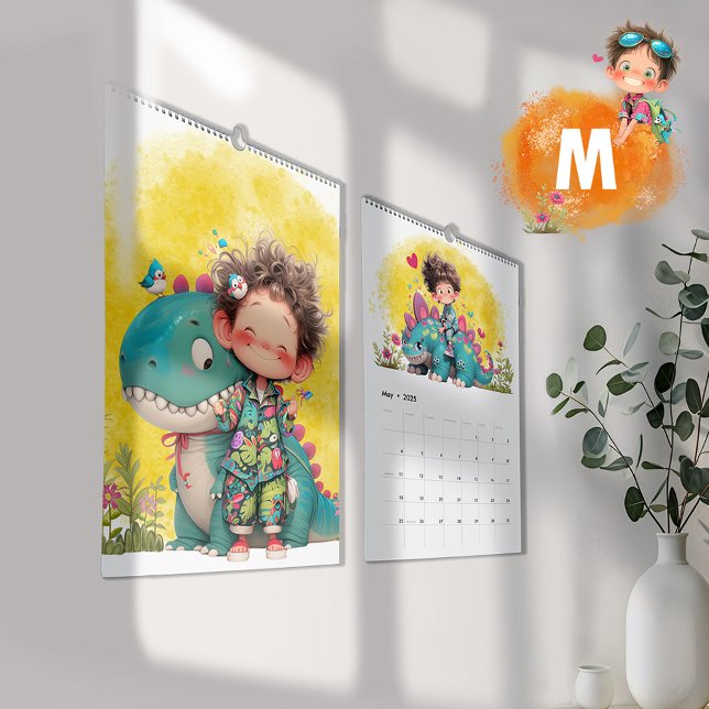 Calendrier Caricature pour garçons et dinosaures 2025 (Quirky Boy & Dinosaur Cartoon Calendar- Medium)
