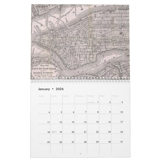 Calendrier Cartographique vintage New York (Jan 2026)