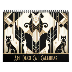 Calendrier Chat noir blanc et or Art déco