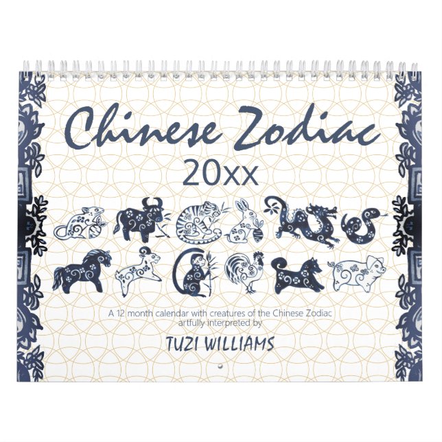 Calendrier Chinois Zodiac Animaux Bleu Blanc Minimal Personna (Protection)