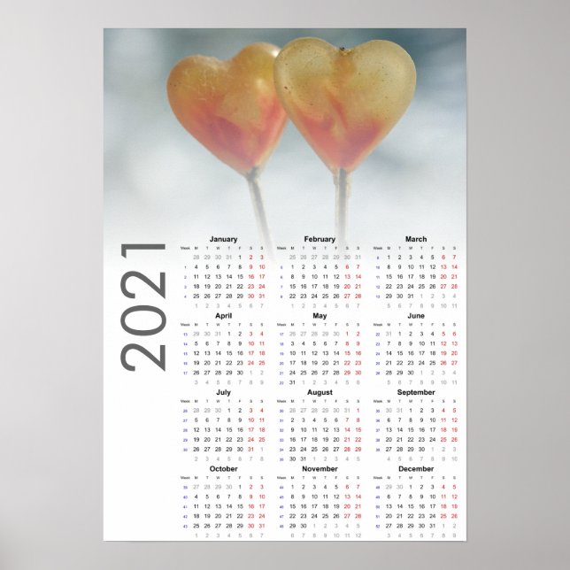 Calendrier coeurs 2021 Poster - Lundi en premier (Devant)