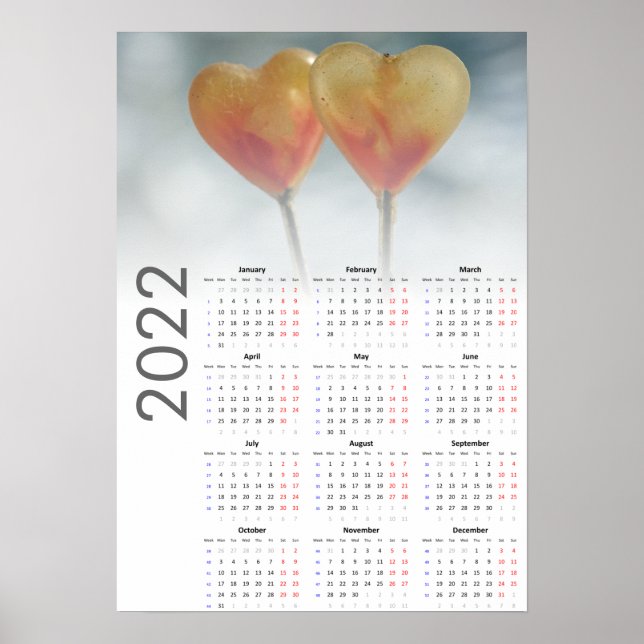Calendrier cœurs 2022 Poster - Lundi en premier (Devant)