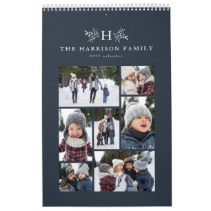 Calendrier Collage photo de famille monogramme rustique bleu 