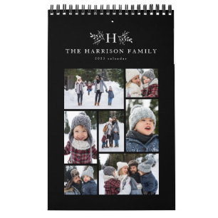 Calendrier Collage photo de famille monogramme rustique noir 