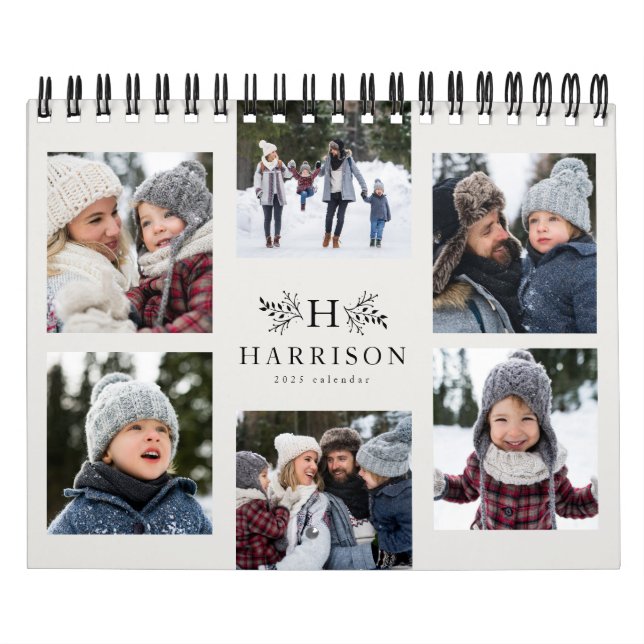 Calendrier Collage photo de famille monogramme rustique noir  (Protection)