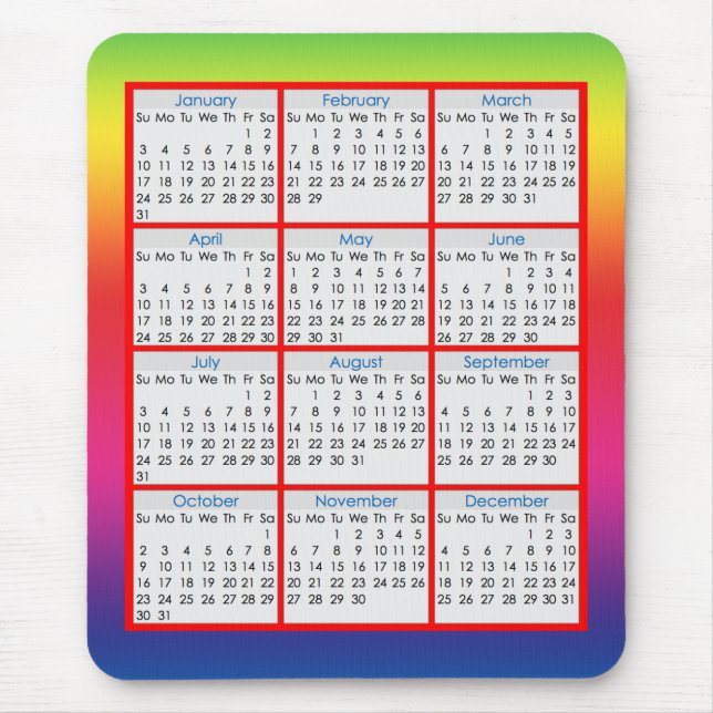 Calendrier coloré de tapis de souris pour 2016 (Devant)