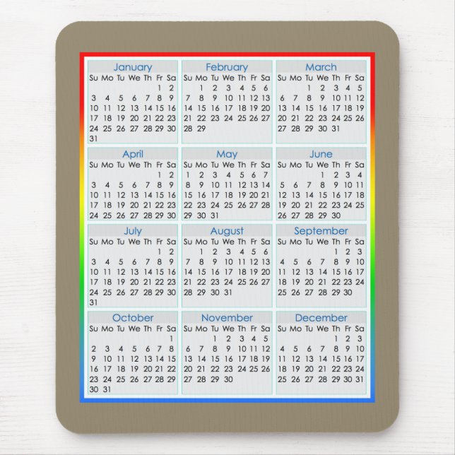 Calendrier coloré de tapis de souris pour 2016 (Devant)