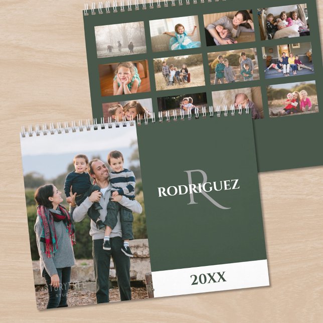 Calendrier Custom Monogram Spanish Green Photo (Custom Monogram Spanish Green Photo Calendar, front/back)