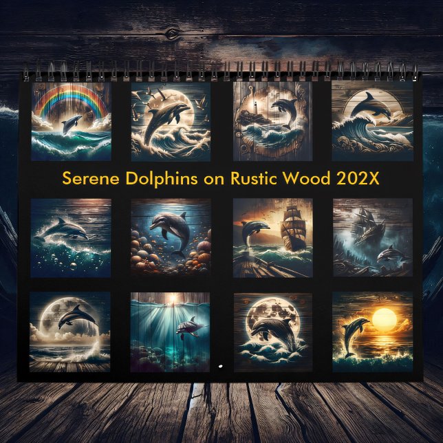 Calendrier Dauphins sereins sur bois rustique 2025 (Créateur téléchargé)