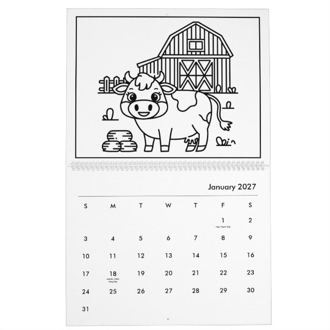 Calendrier de coloration Barnyard pour les enfants (Jan 2027)