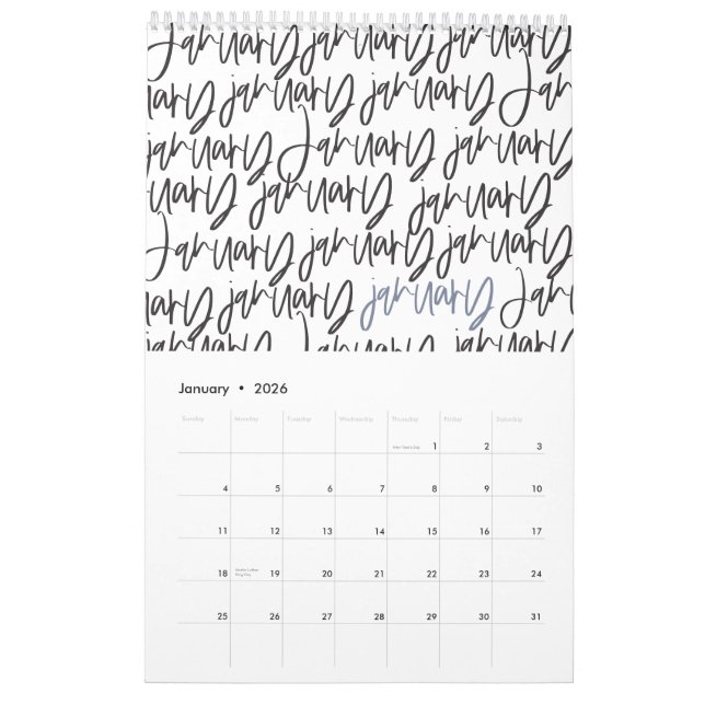 Calendrier de script de stylet de marqueur moderne (Jan 2026)