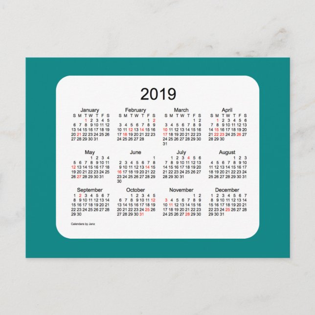 Calendrier des Fêtes 2019 par Janz Teal Carte Post (Devant)