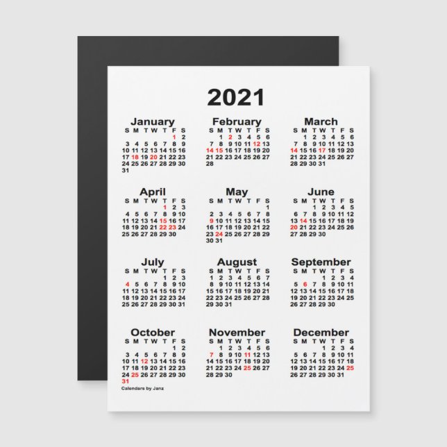 Calendrier des fêtes 2021 par Janz 4x5 Magnet (Devant / Derrière)