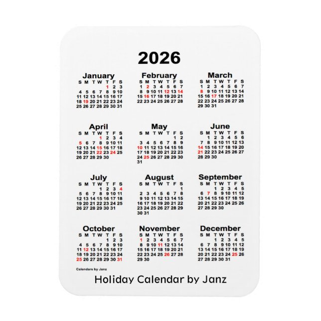 Calendrier des Fêtes Blanches 2026 par Janz Magnet (Vertical)