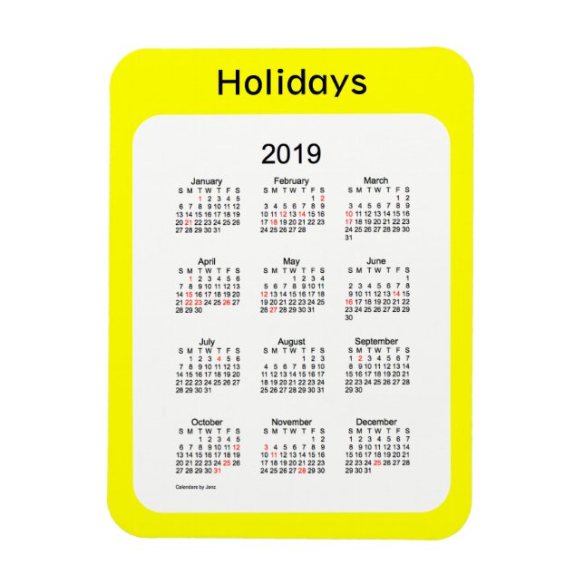 Calendrier des Fêtes Jaunes 2019 par Janz Magnet (Vertical)