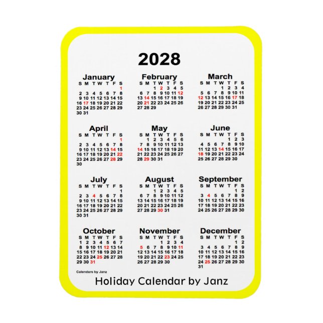 Calendrier des Fêtes Jaunes 2028 par Janz Magnet (Vertical)