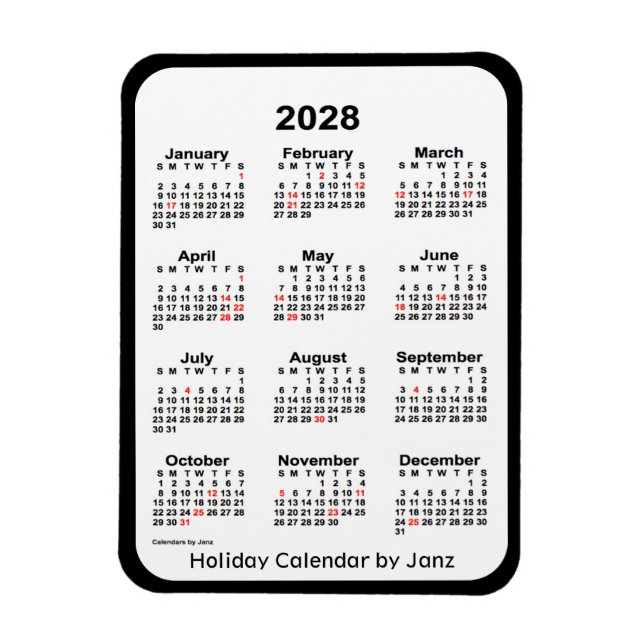 Calendrier des fêtes noires 2028 par Janz Magnet (Vertical)
