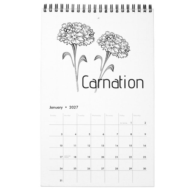 Calendrier des fleurs de mois de naissance (Jan 2027)
