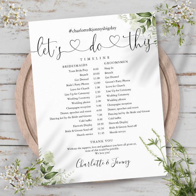 Calendrier du Mariage de script Feuille vert (Greenery Leaves Script Wedding Schedule Timeline)