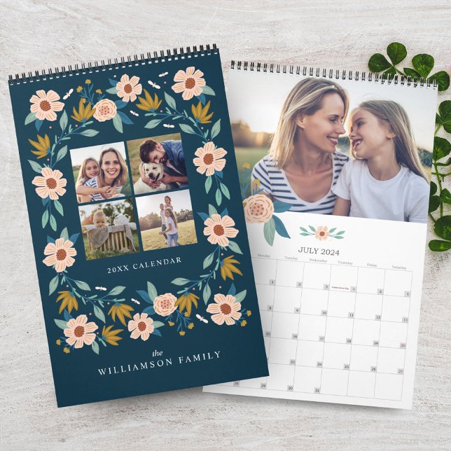 Calendrier Elégant Florals Photo Collage Histoires de famille (Elegant Florals Photo Collage Family Memories Calendar)