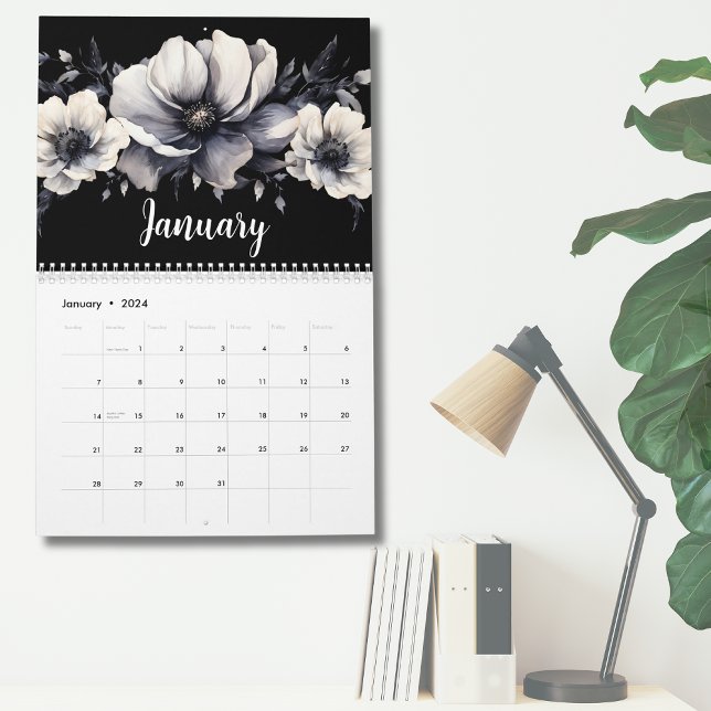 Calendrier Elégant noir blanc aquarelle Floral (Chic Elegant Black White Watercolor Floral Calendar)