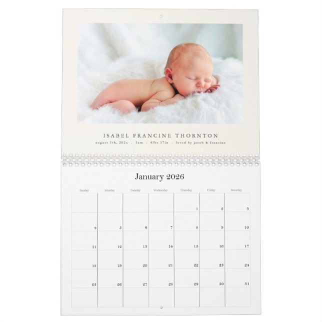 Calendrier Elegant Photo Baby Birth Announcement 2026 (Jan 2026)