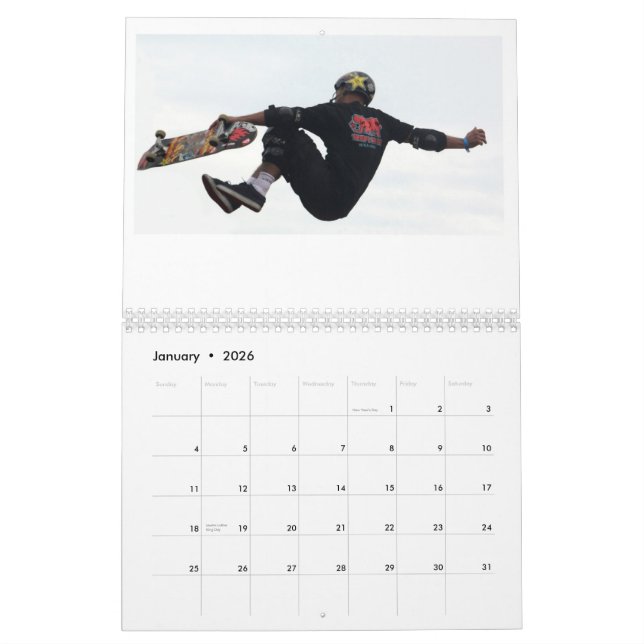 Calendrier faisant de la planche à roulettes, (Jan 2026)