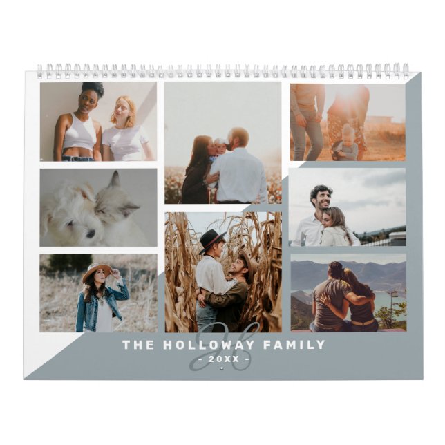 Calendrier Famille Dusty Blue monogramme nom 20 photo collage (Protection)