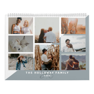 Calendrier Famille Dusty Blue monogramme nom 20 photo collage