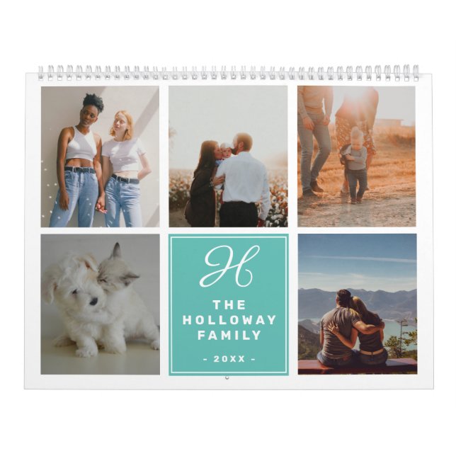Calendrier Famille moderne nom monogramme turquoise 17 photos (Protection)