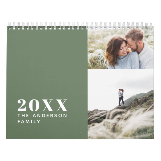 Calendrier Famille verte minimale moderne multi-photo (Protection)