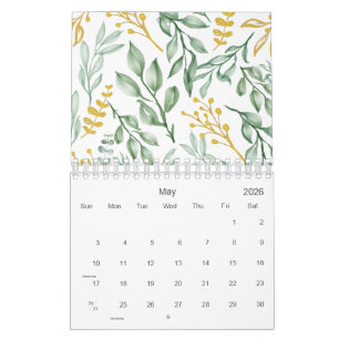 Calendrier Feuilles verts et Floral jaune doré 2026