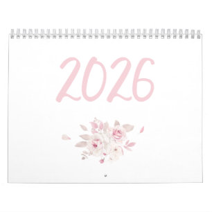 Calendrier floral moderne rose 2026