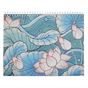 Calendrier Floral rose de Chinoiserie et bleu oriental en