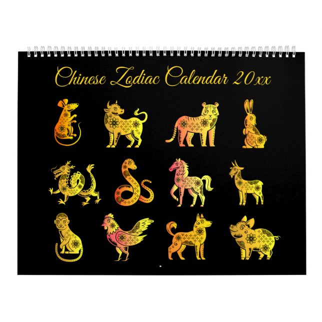 Calendrier Gold Gradient chinois Zodiac Animal Noir (Protection)