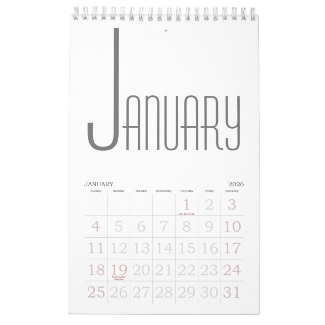 Calendrier Gris et blanc minimaliste (Jan 2026)