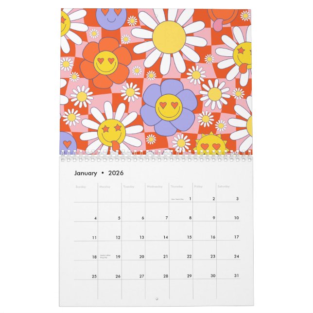 Calendrier Groovy Daisy Floral Damier, Y2K 90s (Jan 2026)