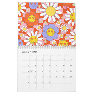 Calendrier Groovy Daisy Floral Damier, Y2K 90s
