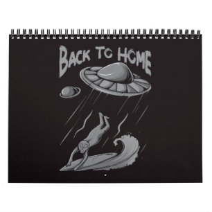 Calendrier illustration de surf d'ovni alien avec retour à la