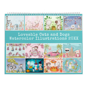 Calendrier Illustrations de l'aquarelle adorable "Chats et Ch