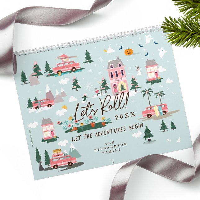 Calendrier Laissez L'Aventure Commencer Chic Rose Retro Van F (Let The Adventure Begin Chic Pink Retro Van Family Calendar)